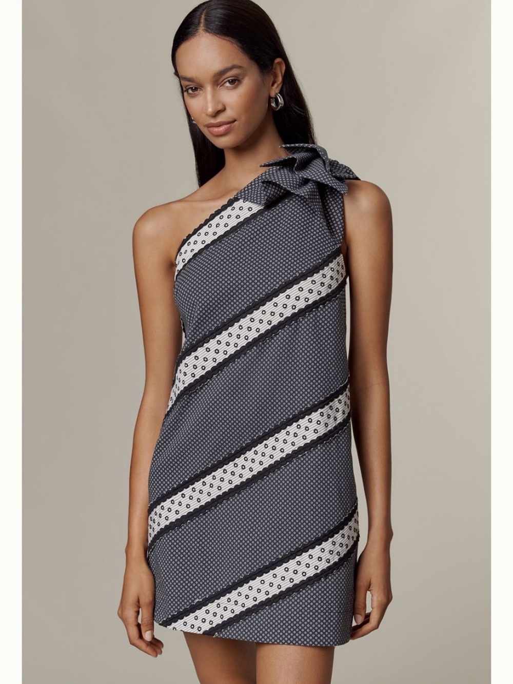 Anthropologie Maeve One-Shoulder Black and White Mini Dress with Bow Shoulder